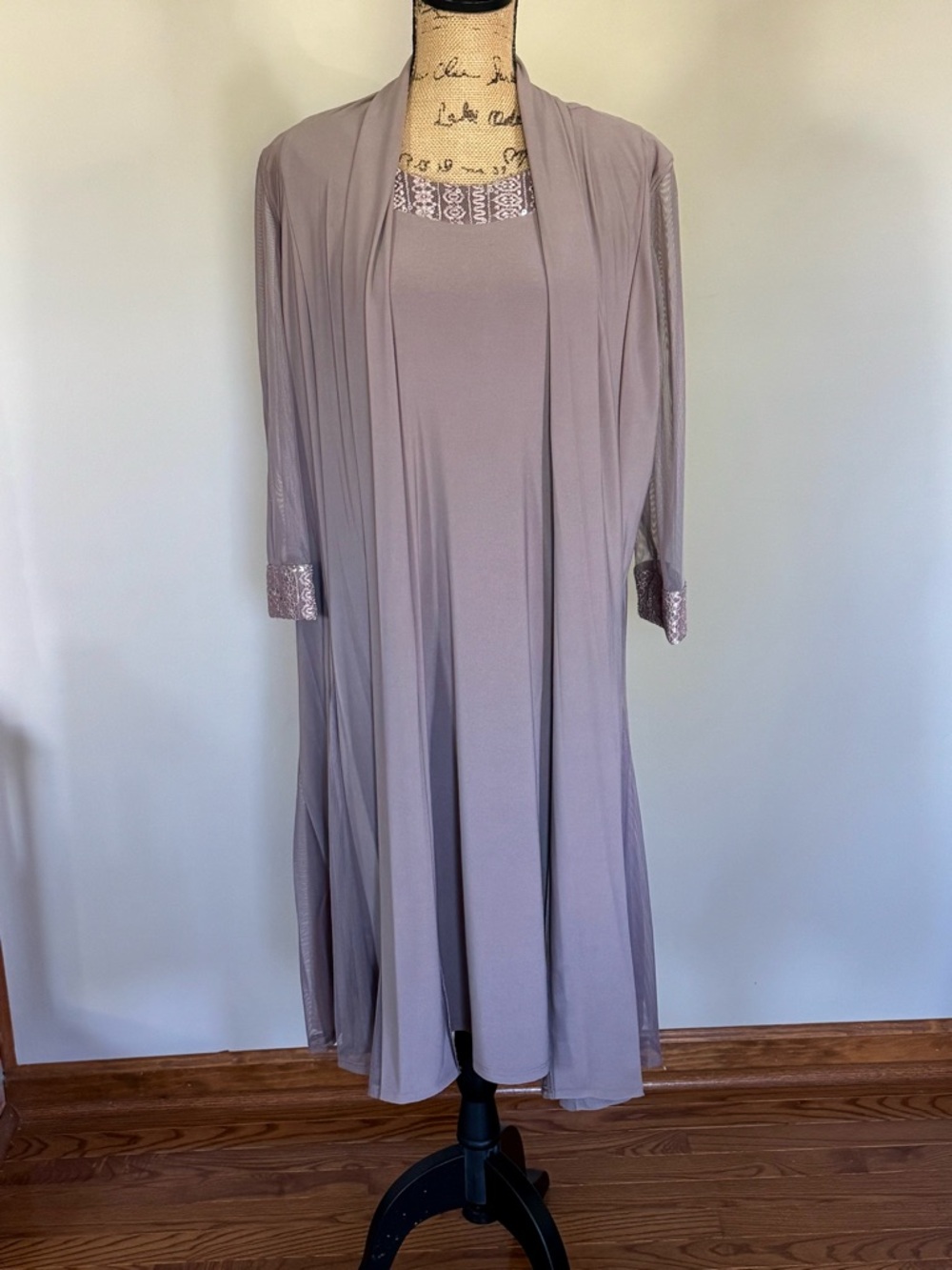 Elegant Taupe Layered Dress with Beaded/Sequin Trim